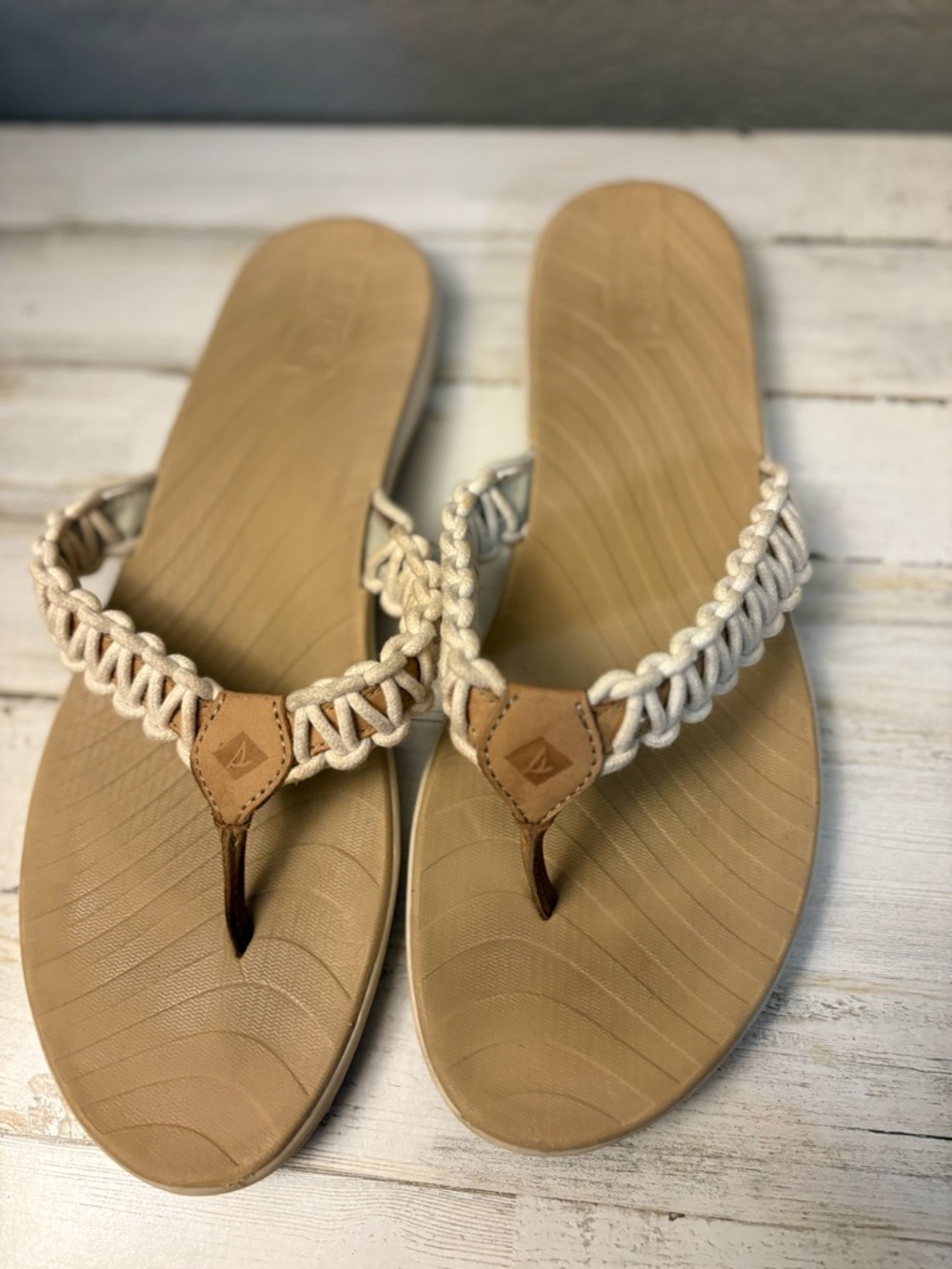 Sperry Cream Braided Thong Sandal with Tan Footbed
